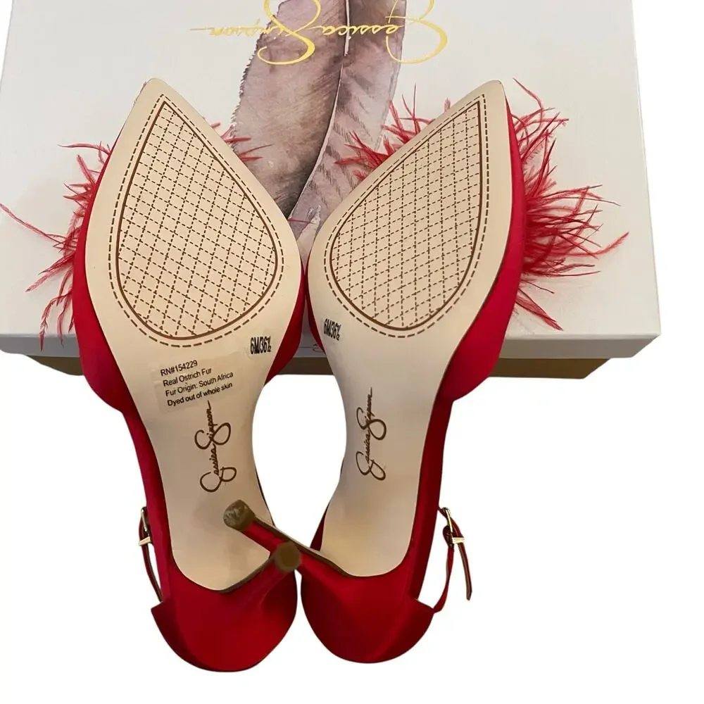 Jessica Simpson Wolistie Ankle Strap Dress Pumps Red Feather Pom Pom Size 6 NEW